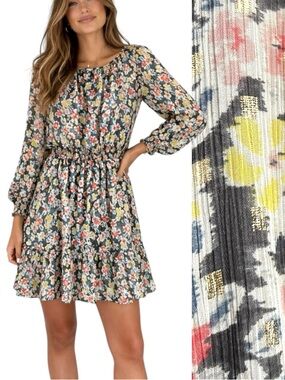 LOFT Floral Gray Yellow Red Sheer Long sleeve Smocked Waist Mini Dress Boho SP